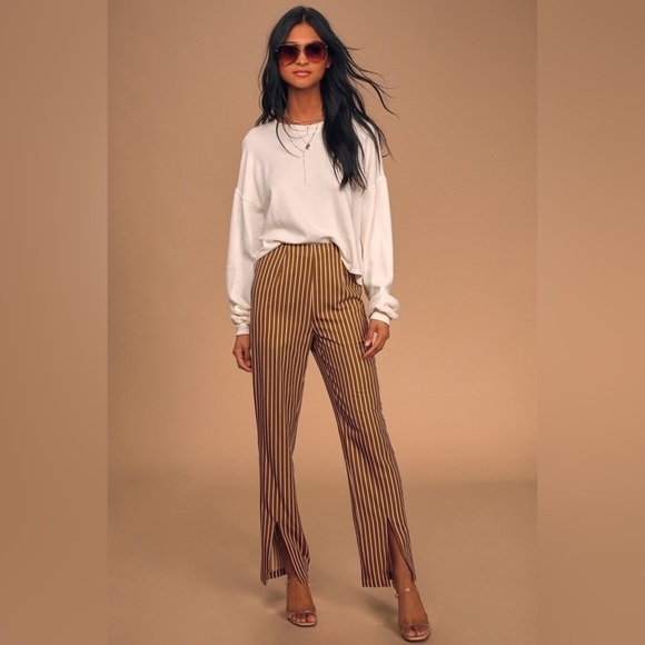 Lulus Never Too Late Striped Split Hem Pants Brown Cream  Size S Small - Picture 2 of 14